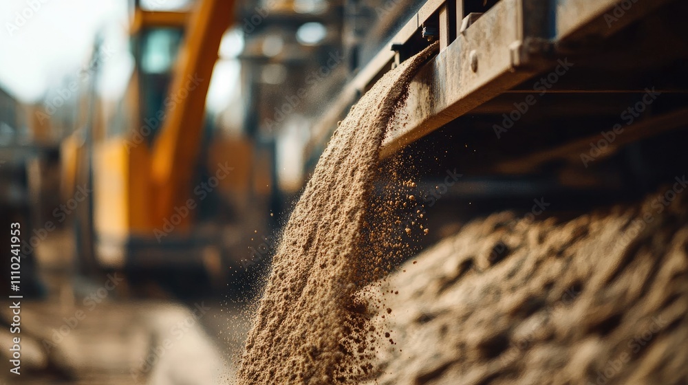 Close-up of sand pouring from a conveyor belt in a quarry, with blurred machinery in the background creating a dynamic industrial scene Close-up of sand pouring from a conveyor belt in a quarry, with blurred machinery in the background creating a dynamic industrial scene