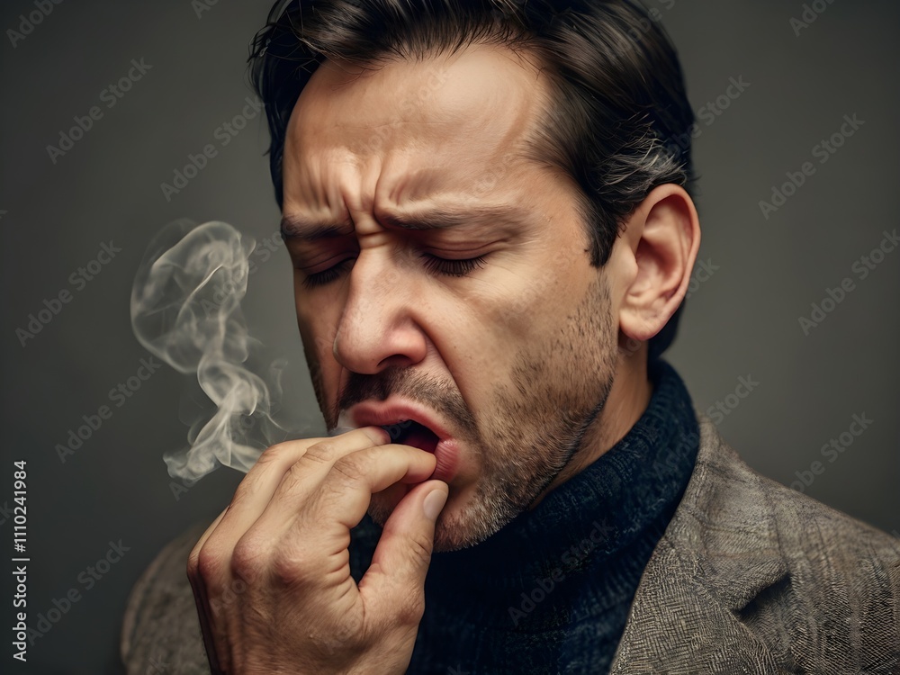 A man is coughing while emitting smoke from his mouth and nose due to smoking too much A man is coughing while emitting smoke from his mouth and nose due to smoking too much
