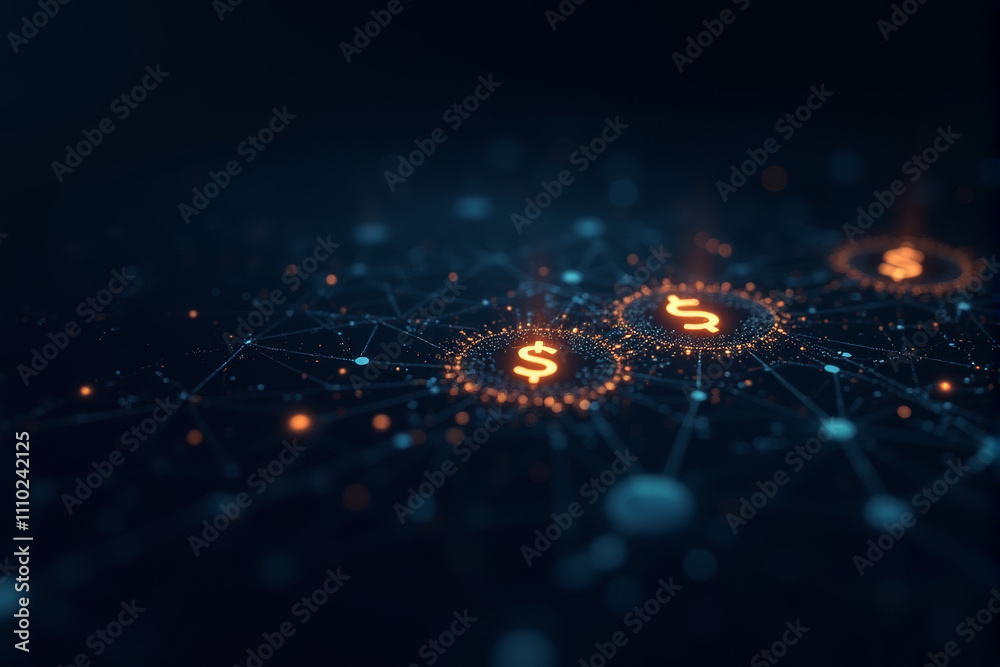 A glowing dollar sign at the center of a network A glowing dollar sign at the center of a network