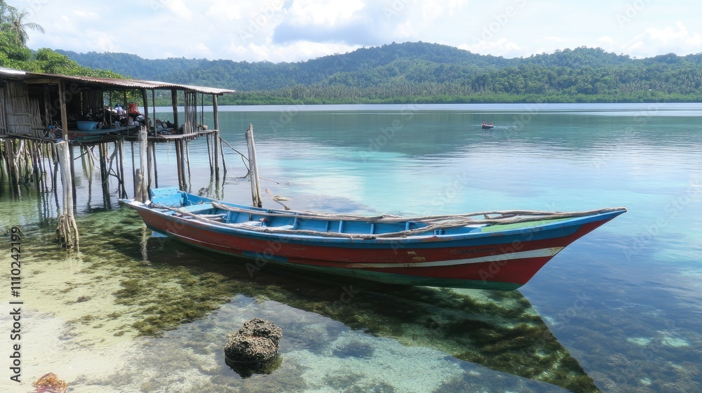 Colorful Fishing Boat Near Serene Coastal Landscape Colorful Fishing Boat Near Serene Coastal Landscape