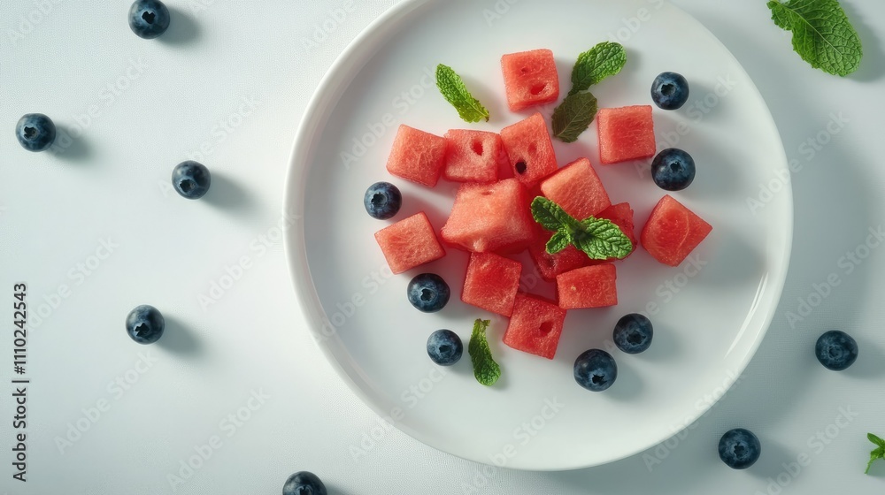 Fresh watermelon cubes and mint leaves on a white plate, surrounded by scattered blueberries on a clean white surface Fresh watermelon cubes and mint leaves on a white plate, surrounded by scattered blueberries on a clean white surface