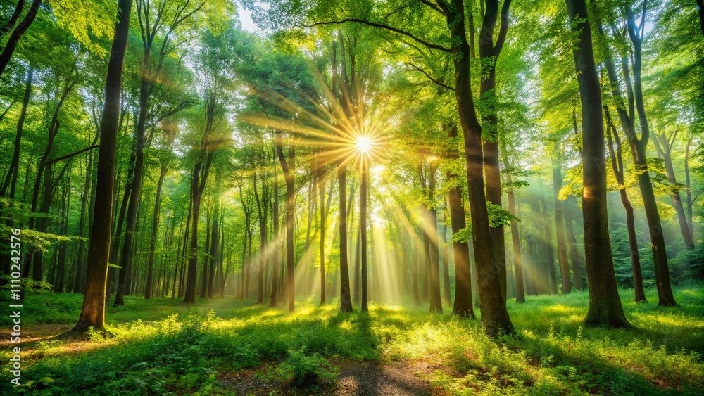 Obraz premium Captivating Nature Scene with Sunlight Rays Filtering Through a Lush Forest Canopy, Perfect for Relaxation and Adventure in the Great Outdoors