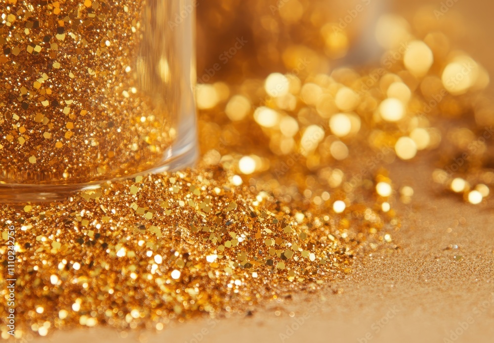 Sparkling Golden Glitter Shimmering on Surface Captured in Close-Up with Soft Focus Bokeh Effect Highlighting Bright, Vibrant Details and Textures for Creative Projects Sparkling Golden Glitter Shimmering on Surface Captured in Close-Up with Soft Focus Bokeh Effect Highlighting Bright, Vibrant Details and Textures for Creative Projects