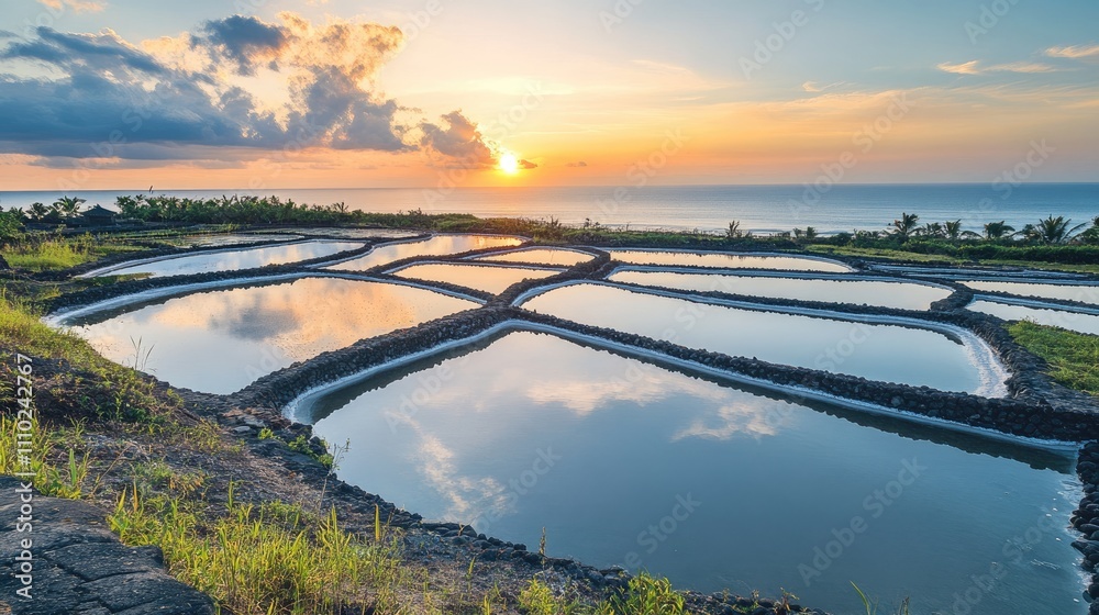 Fototapeta premium Serene Sunset over Reflective Salt Pans by the Ocean