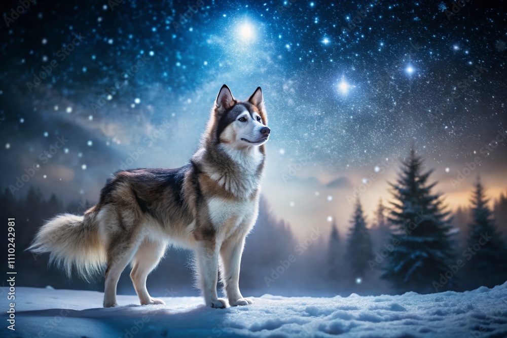 Captivating Night Photography of a Siberian Husky Collie Mix Under a Starry Sky in a Winter Landscape with Soft Snow and Moonlight Captivating Night Photography of a Siberian Husky Collie Mix Under a Starry Sky in a Winter Landscape with Soft Snow and Moonlight