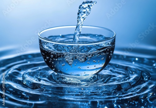 Splashing Water in a Clear Bowl Creating Beautiful Ripples in a Calm Blue Environment with a Focus on Refreshing Liquid Movement photo