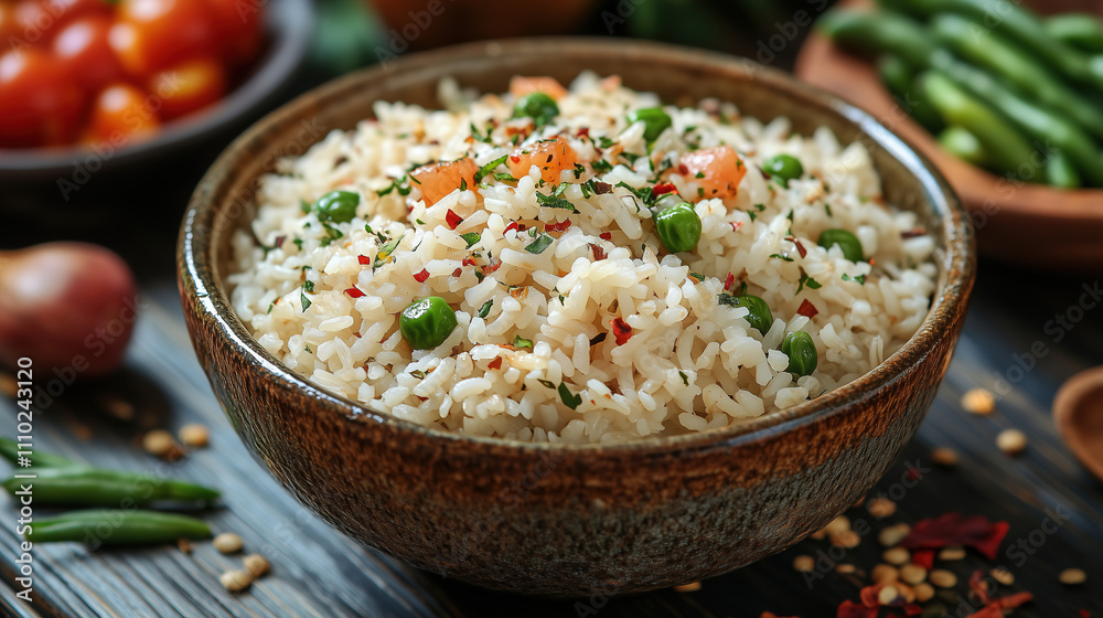 Flavorful rice dish with vegetables served in a rustic bowl on a wooden table. Generative AI Flavorful rice dish with vegetables served in a rustic bowl on a wooden table. Generative AI