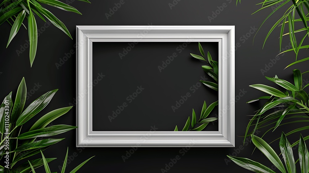 Mock up poster frame on black wall with green plant Mock up poster frame on black wall with green plant