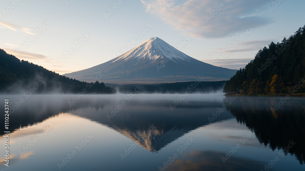 Fototapeta premium Peaceful Sunrise Over Mount Fuji and Calm Waters