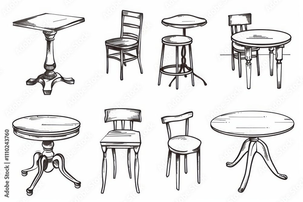 Tables sketched set, different line drawing desks, square and round tables, furniture doodles Tables sketched set, different line drawing desks, square and round tables, furniture doodles