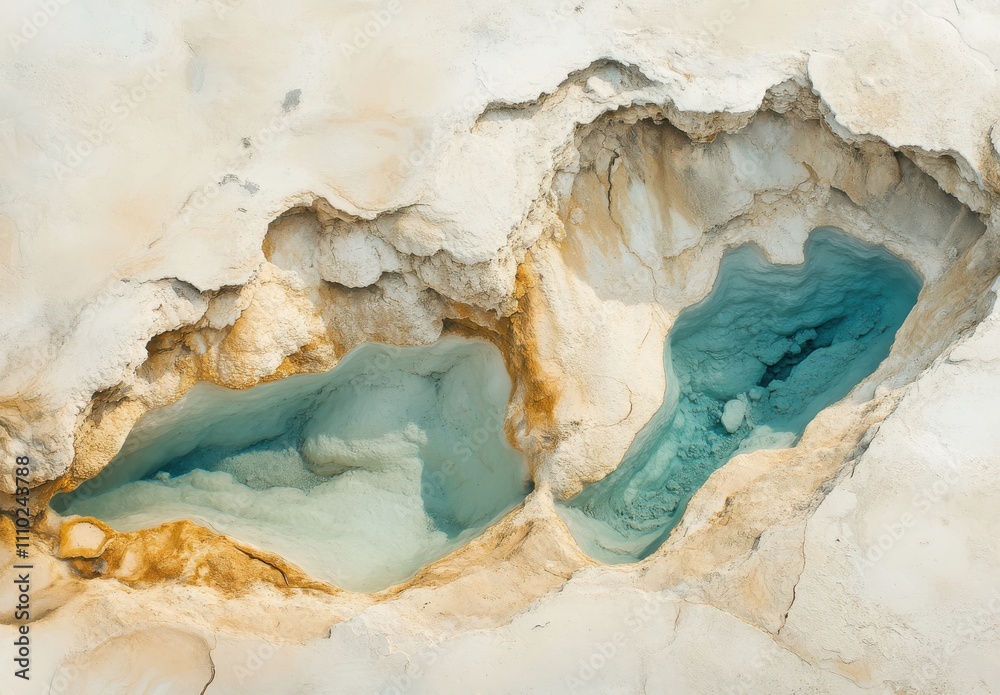 Stunning Aerial View of Vibrant Blue Mineral Pools Surrounded by Textured White Geothermal Landscape in a Natural Hot Spring Area Stunning Aerial View of Vibrant Blue Mineral Pools Surrounded by Textured White Geothermal Landscape in a Natural Hot Spring Area