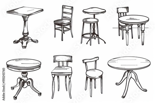 Tables sketched set, different line drawing desks, square and round tables, furniture doodles