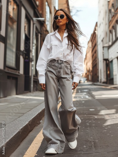 The model walking down the street in wide, baggy jeans and a white, oversized shirt, wearing sunglasses, in a minimalist style.
