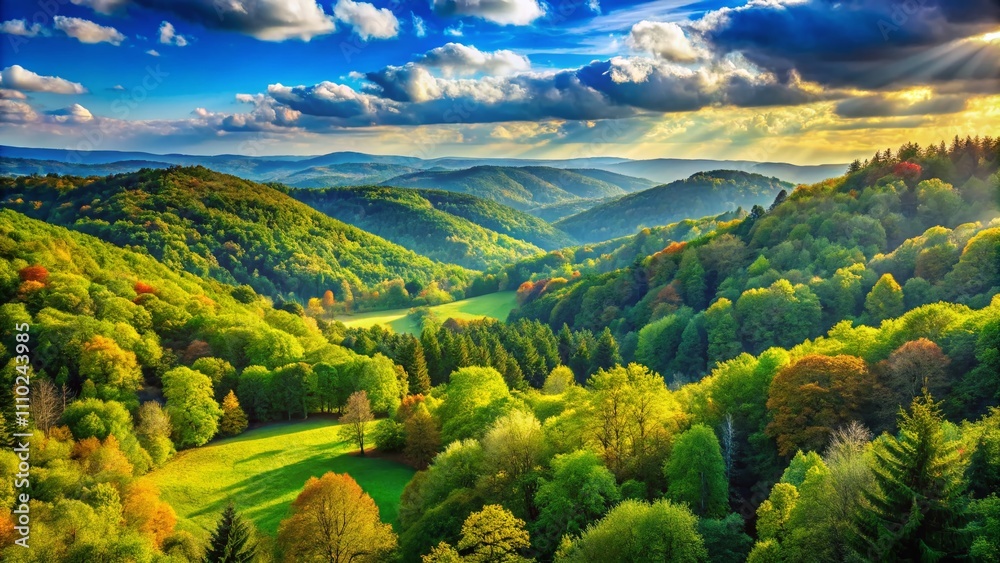 Fototapeta premium Captivating Panorama of Lush Wooded Hills Under a Clear Sky Highlighting Nature's Serenity and Vibrant Greenery Ideal for Landscape Photography Enthusiasts and Nature Lovers