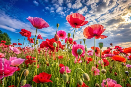 Captivating Panoramic Photography of Vibrant Pink and Red Poppy Flowers Creating a Stunning Wallpaper for Nature Lovers and Floral Decor Enthusiasts