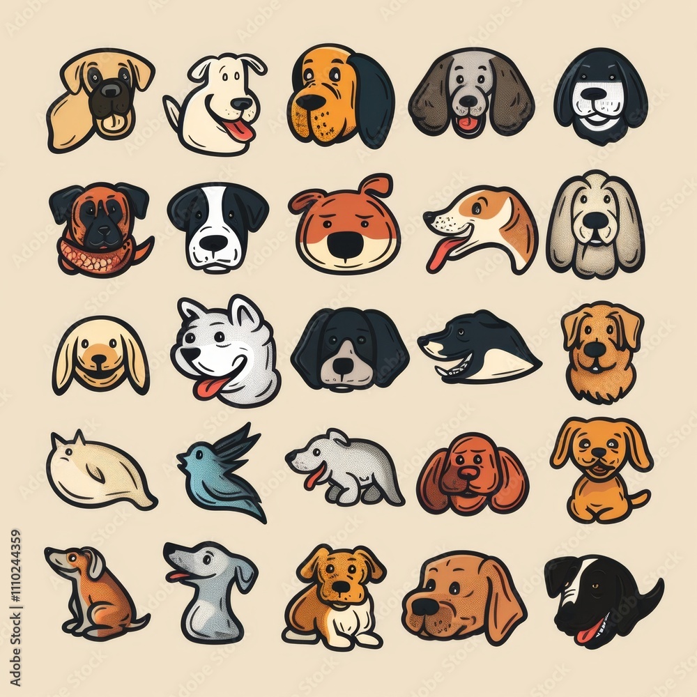 Fototapeta premium Dogs Doodle Set, Pet Animal Symbols, Hand Drawn Puppy Icons Silhouettes, Sketched Dog Character