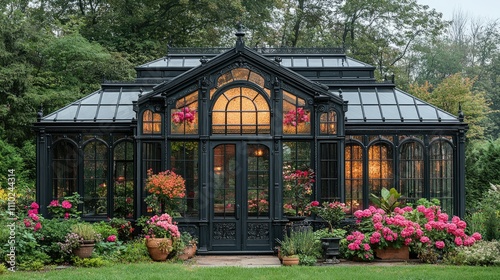 Elegant black Victorian-style greenhouse at dusk, surrounded by lush pink flowers and greenery.
