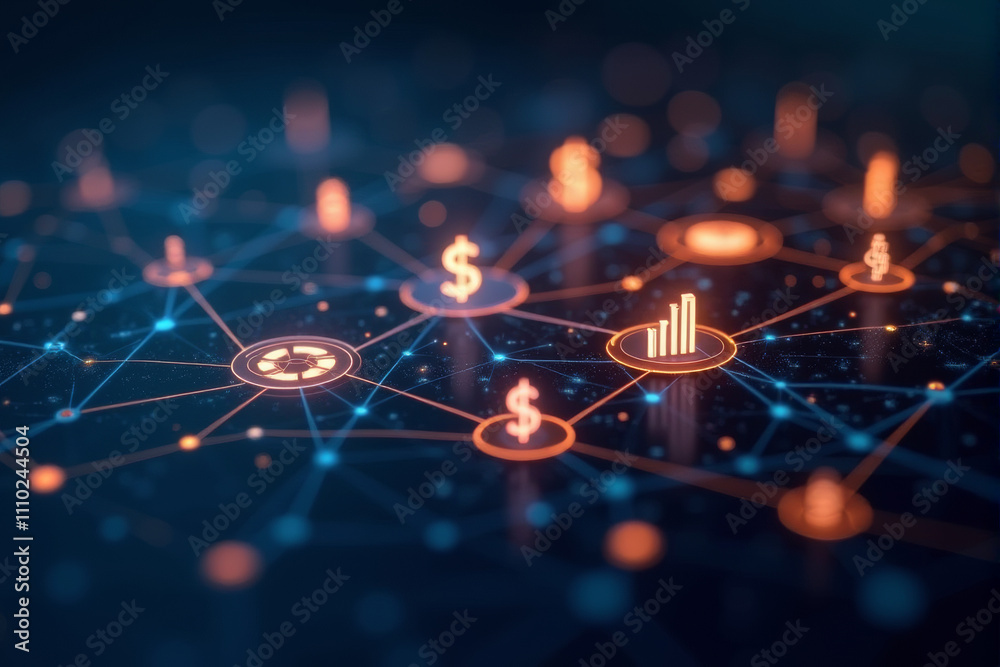 A glowing dollar sign at the center of a network