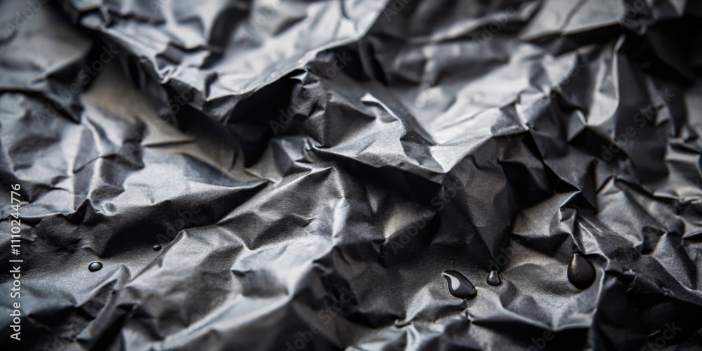 The abstract texture of crumpled dark paper with liquid droplets, showcasing the interplay of light and shadow in a minimalist composition The abstract texture of crumpled dark paper with liquid droplets, showcasing the interplay of light and shadow in a minimalist composition