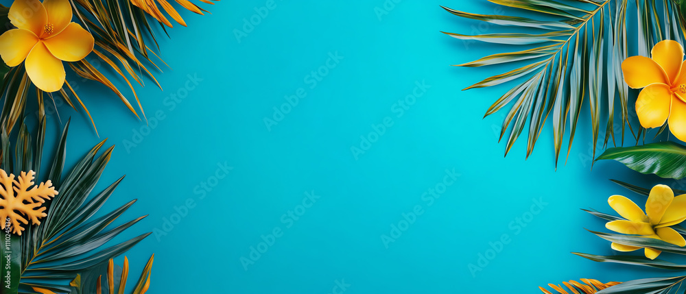 Naklejka premium Vibrant tropical flowers and leaves frame a bright blue background, perfect for summer themes.