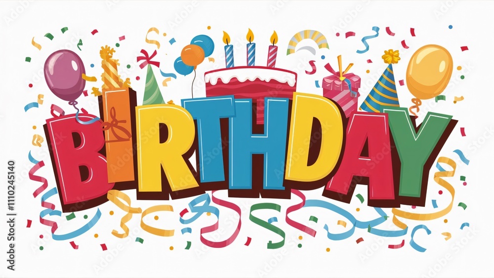 Happy Birthday Colorful Festive Banner Design with Balloons, Cake, and Confetti for Party Invitation or Card Happy Birthday Colorful Festive Banner Design with Balloons, Cake, and Confetti for Party Invitation or Card