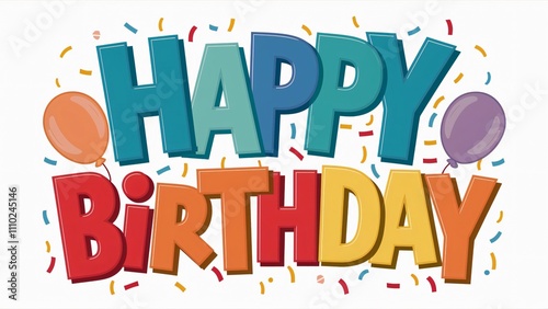 Colorful Happy Birthday Typography Design with Balloons and Confetti - Festive Celebration Card