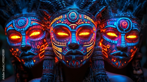 Vibrant neon tribal artwork showcases illuminated masks in a stunning display of color photo