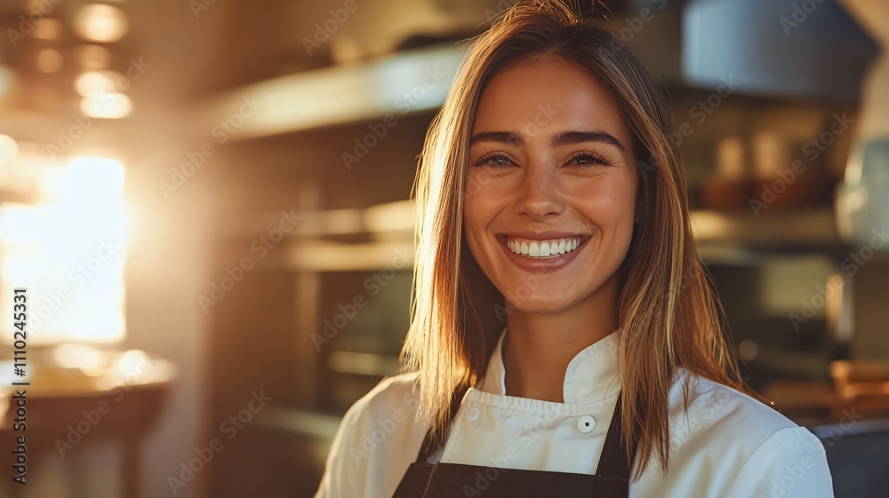 Smiling woman in chef's attire standing in a kitchen during golden hour light Smiling woman in chef's attire standing in a kitchen during golden hour light