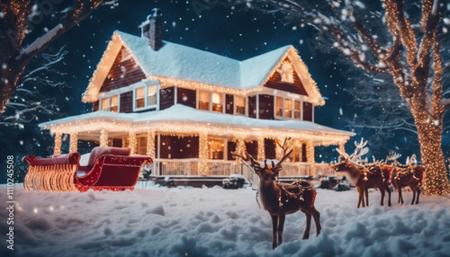 A snow-covered house with a grand display of synchronized holiday lights, oversized glowing reindeer, and a Santa sleigh 