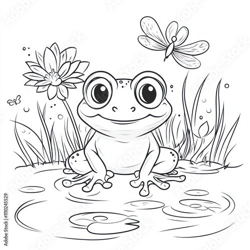 Adorable cartoon frog sitting by water, near a flower and dragonfly. photo