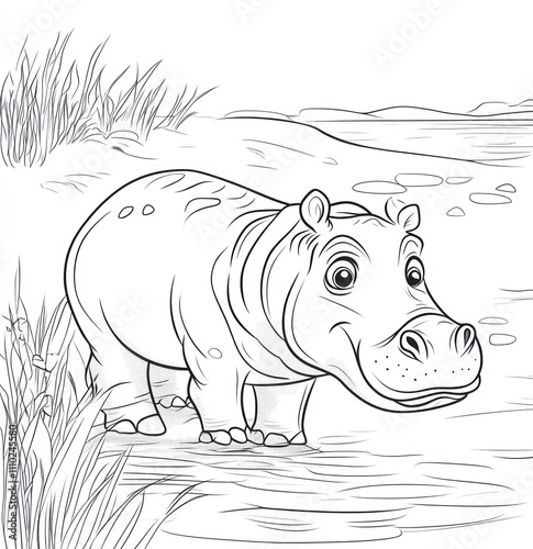 Cartoon hippopotamus illustration, standing in shallow water near grass. photo