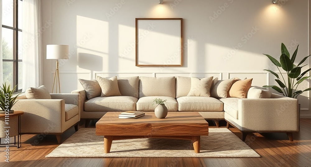 Fototapeta premium interior with sofa and wooden coffee table - 3d rendered illustration