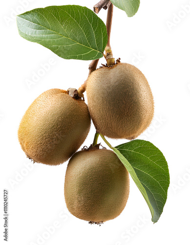  Fresh kiwis and leaves hangs on tree branch