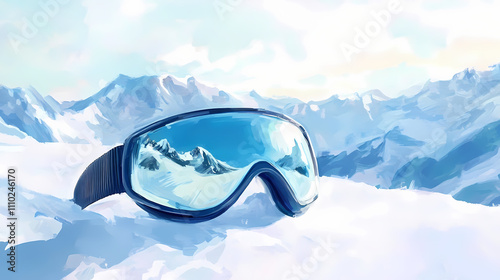 Snow goggles resting on a snowy surface with mountain reflection and blue sky in a winter landscape
