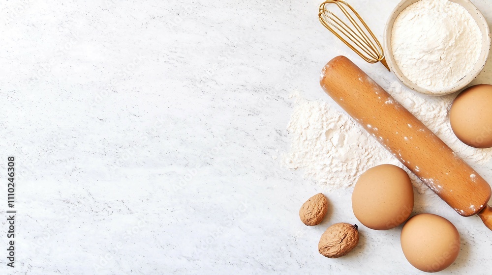 Baking Ingredients on Marble Surface with Rolling Pin and Eggs Baking Ingredients on Marble Surface with Rolling Pin and Eggs