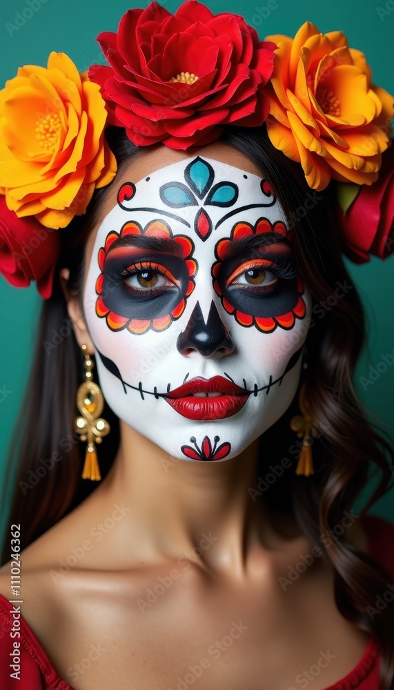 Woman with Flower Crown and Day of the Dead Makeup Celebrating Dia de los Muertos. Woman with Flower Crown and Day of the Dead Makeup Celebrating Dia de los Muertos.