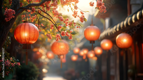 3D Render of Illuminated Lanterns and Blossoms
