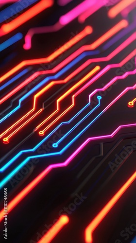 Vibrant neon circuit board design in close-up.