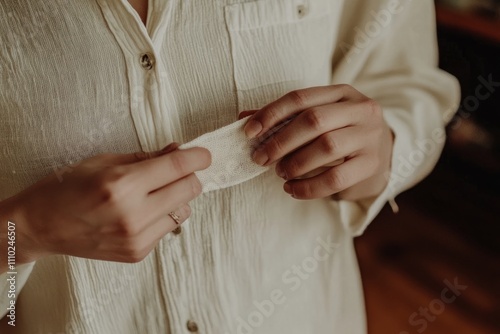 Hands examining a white fabric label with texture and detail photo