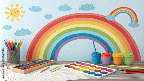 Rainbow watercolor border, school essentials decor, 3D illustration, creative sips colors, paint and sip deals copy space.