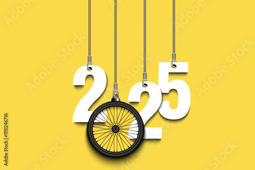 Numbers 2025 and bike wheel as a Christmas decorations are hanging on strings. New Year 2025 are hang on cords. Template design for greeting card. Vector illustration on isolated background