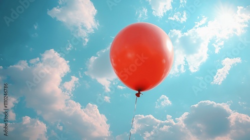 Bright red balloon soars high in a clear sky filled with fluffy white clouds photo