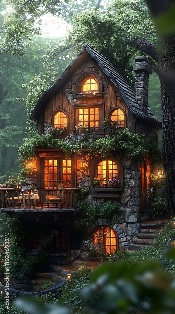 Tiny woodland house shining brightly with warm and inviting glow picture