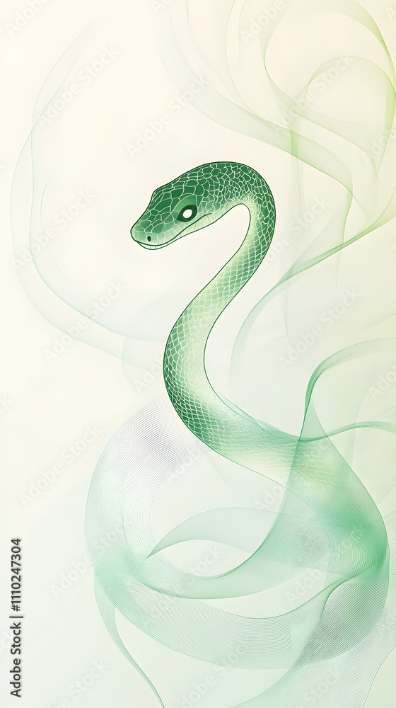 Fototapeta premium A digitally illustrated green snake surrounded by soft swirling smoke.