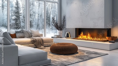 A modern living room interior design, featuring soft, cozy furniture and a stylish fireplace as the centerpiece. The room has clean walls. photo