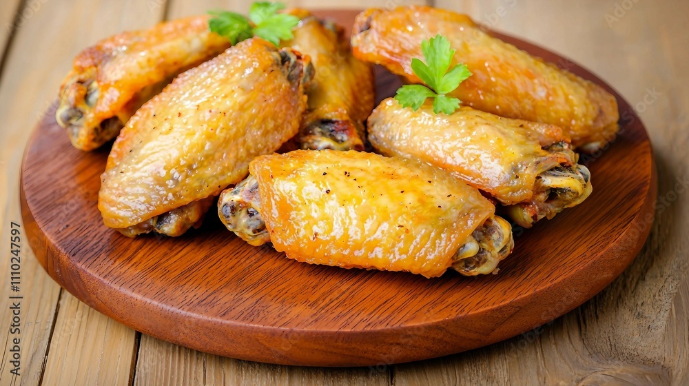 Deliciously Crispy Chicken Wings on Wooden Plate with Fresh Herbs Deliciously Crispy Chicken Wings on Wooden Plate with Fresh Herbs