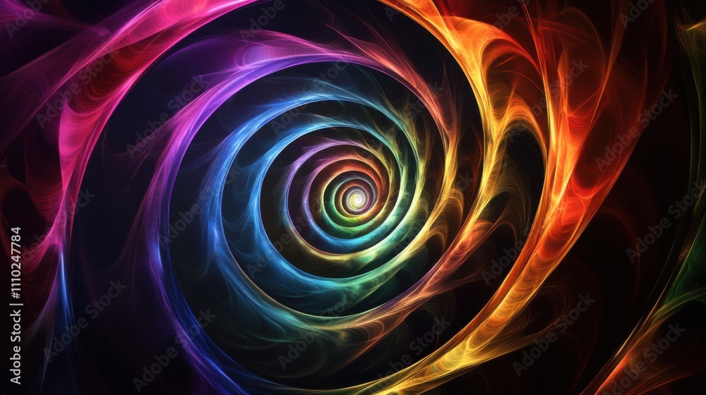 An evocative depiction of multi-colored abstract spirals blending into a single, vibrant spiral pattern on a dark background An evocative depiction of multi-colored abstract spirals blending into a single, vibrant spiral pattern on a dark background