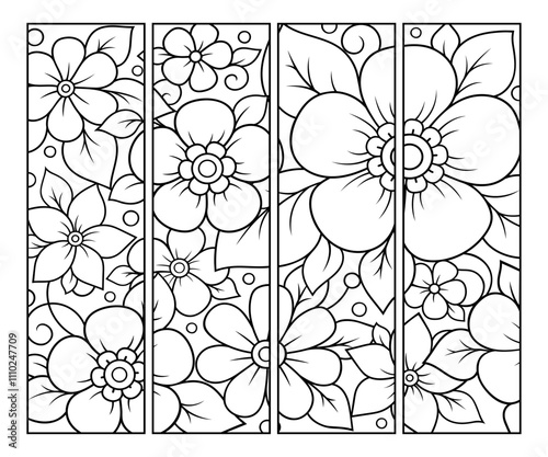Printable bookmark for book - coloring. Set of black and white labels with flower patterns, hand draw in mehndi style. Sketch of ornaments for creativity of children and adults with colored pencils.