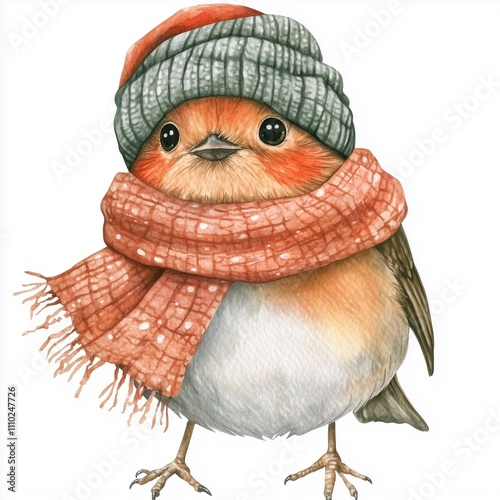 watercolor cute adorable robin wearing a Christmas hat and shawl, animal costume clipart, isolated on white. Wild animal with christmas hat, Design element for Christmas greeting card, christmas pub