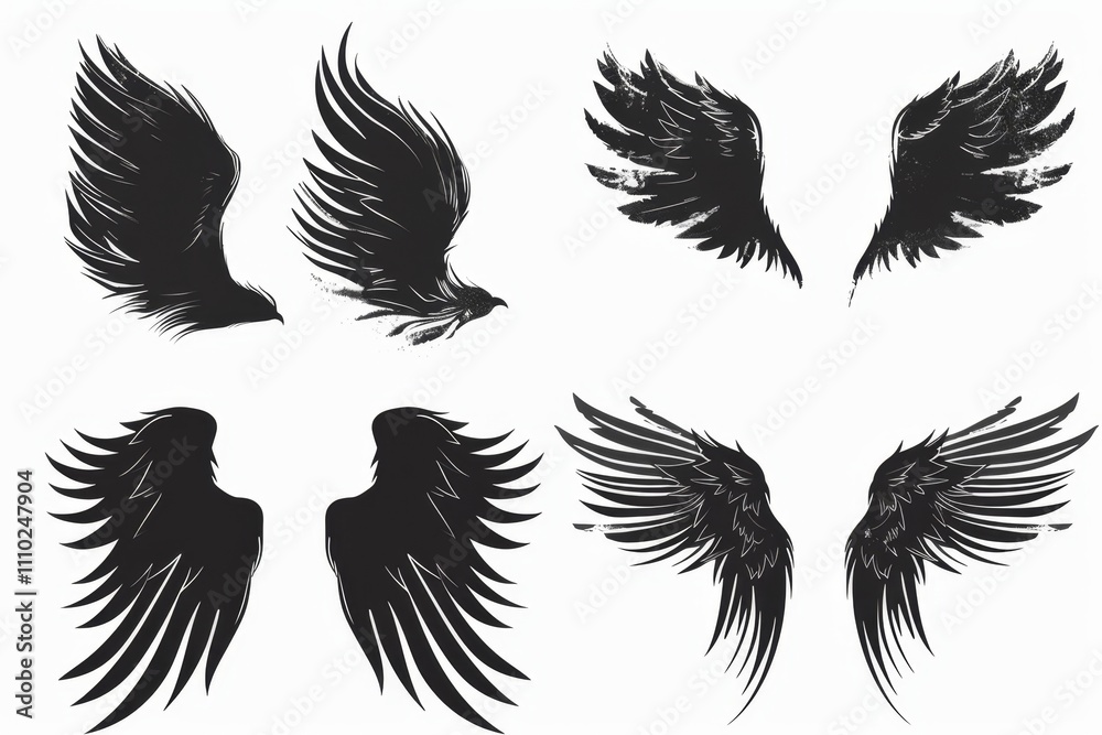 Fototapeta premium Wings flat icon, angel wings emblem, bird feathers graffiti spray silhouette, pigeon sign, spirituality symbol